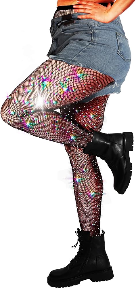 DancMolly 10X Strong Ultra Sparkly Rhinestone Fishnet Stockings, Plus Size Sparkle Tights for Women Sexy Party Concert Outfit