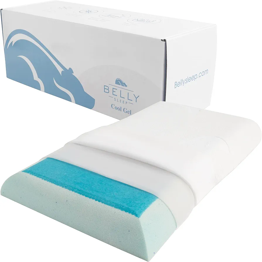 Belly Sleeper Pillow - Thin, Flat, & Ergonomic Pillows for Sleeping and Cervical Neck Alignment - Cooling Gel Memory Foam Pillow with Cover - Stomach Sleeper Pillow with Cool Gel Topper by Belly Sleep