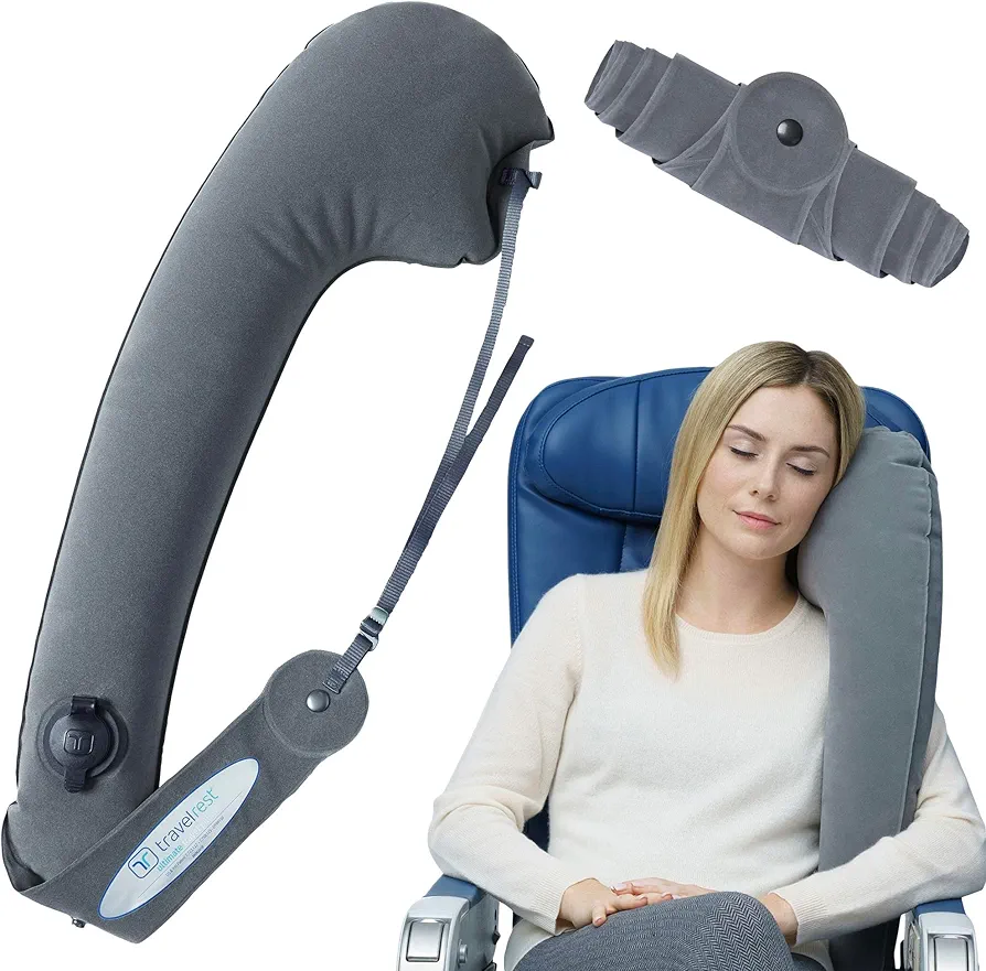 TRAVELREST Ultimate Travel Pillow & Body Pillow - Headrest, Auto, Bus, Train, Office Napping, Camping, Wheelchairs, Comfort and Support, Rolls Up, Straps to Airplane Seat & Car - Grey