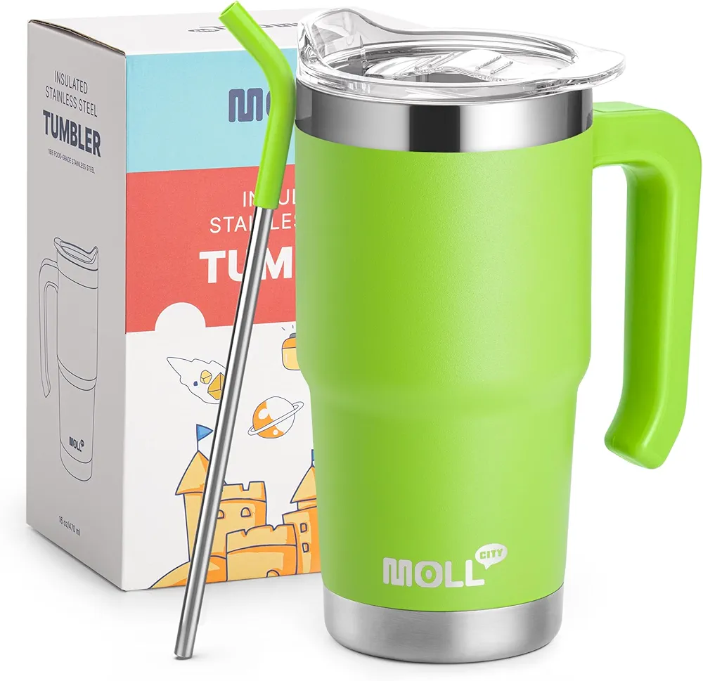 16 oz Tumbler with Handle Reusable Stainless Steel Vacuum Insulated Tumbler Cups with Lid and Straw Travel Mug for Women, Girls (Apple Green)