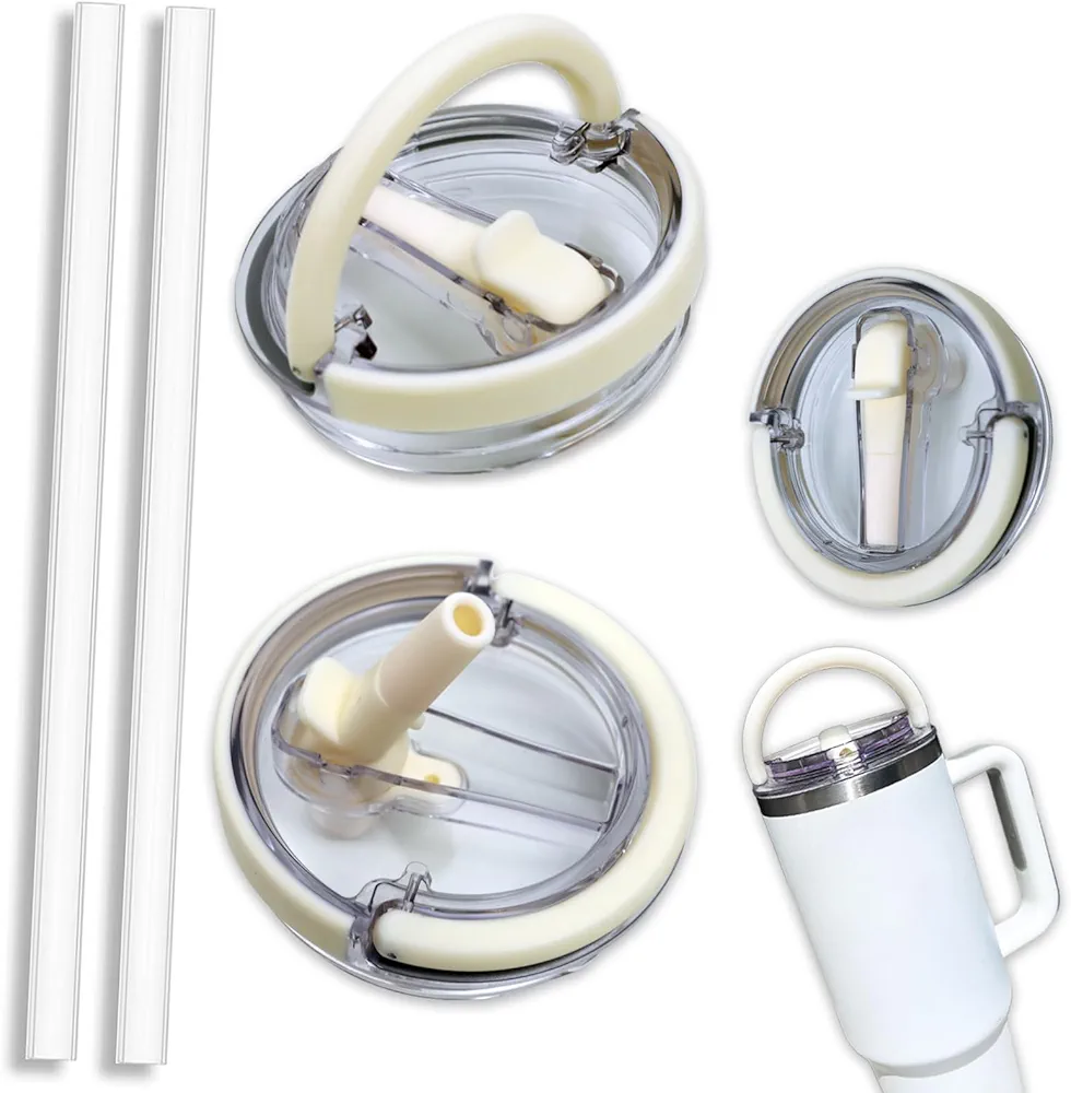 Stanley Cup Accessories,Compatible with stanley cup 40 oz Tumbler,Flip Straw Lid Replacement leak proof lid no spill for Stanley Quencher Tumbler 2 PCS Straw included(Creamy white)