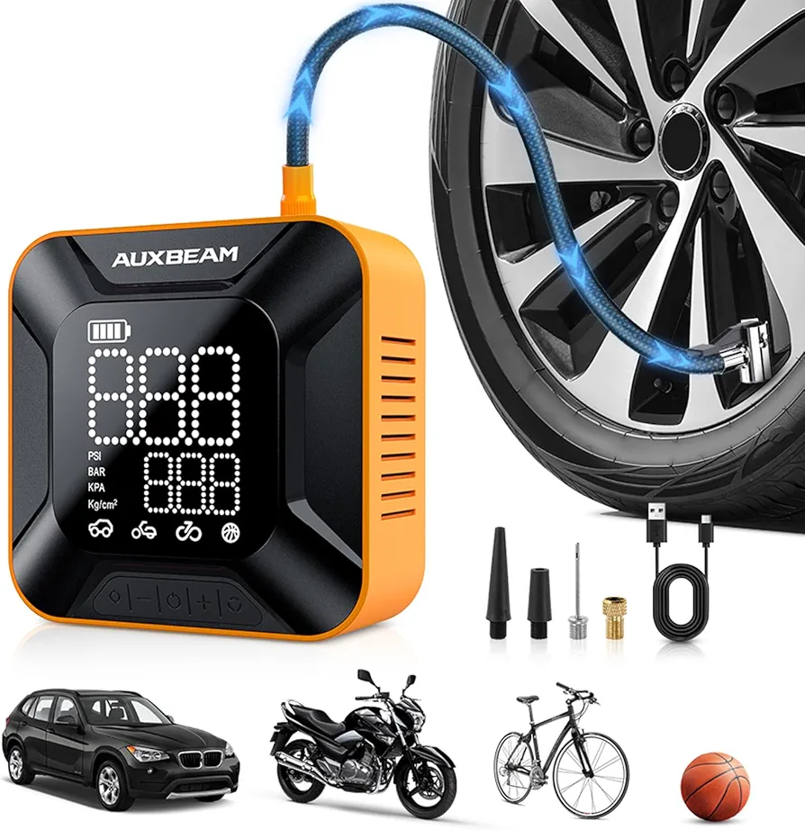 Auxbeam Tire Inflator Portable Air Compressor, 2024 Tire Air Pump with Amazing 28MM Big Cylinder Upgraded, Max 150PSI Cordless Tire Inflator for Pickup SUV MPV Car Motorcycle Bike（HD Screen）