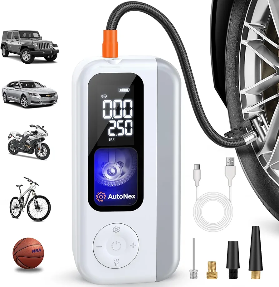 Tire Inflator Portable Air Compressor, Cordless Tire Air Pump with LED Light, 150 PSI Car Tire Air Pump, Electric Tire Inflator for Inflatables, Car, Bike, Motorcycle, Power Bank with Digital Gauge