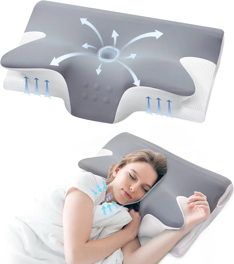 Memory Foam Neck Pillow, Effective Pain Relief Cervical Neck and Shoulder Pillows for Sleeping, Odorless Ergonomic Contour Bed Pillow for Side Sleep Stomach and Back Sleeper (Grey)