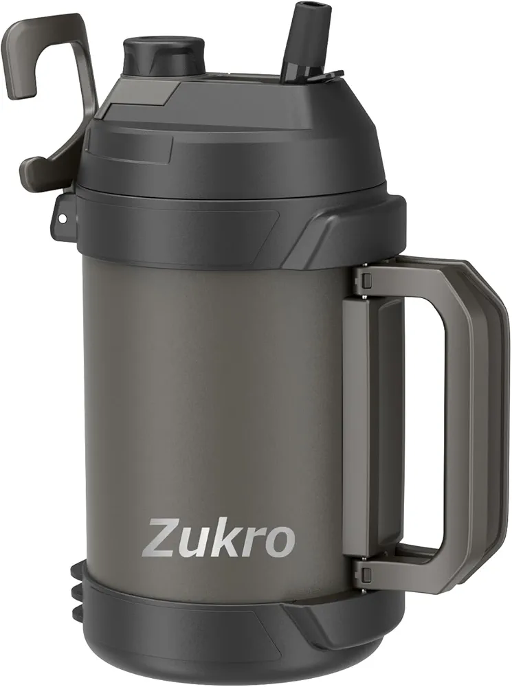 Zukro 1 Gallon Water Jug, One Gallon Large Triple Wall Insulated Metal Jug With Straw and Spout, No Sweat 128 oz Stainless Steel Sport Water Bottle Keeps Cold 48 Hours for Outdoors, Coal