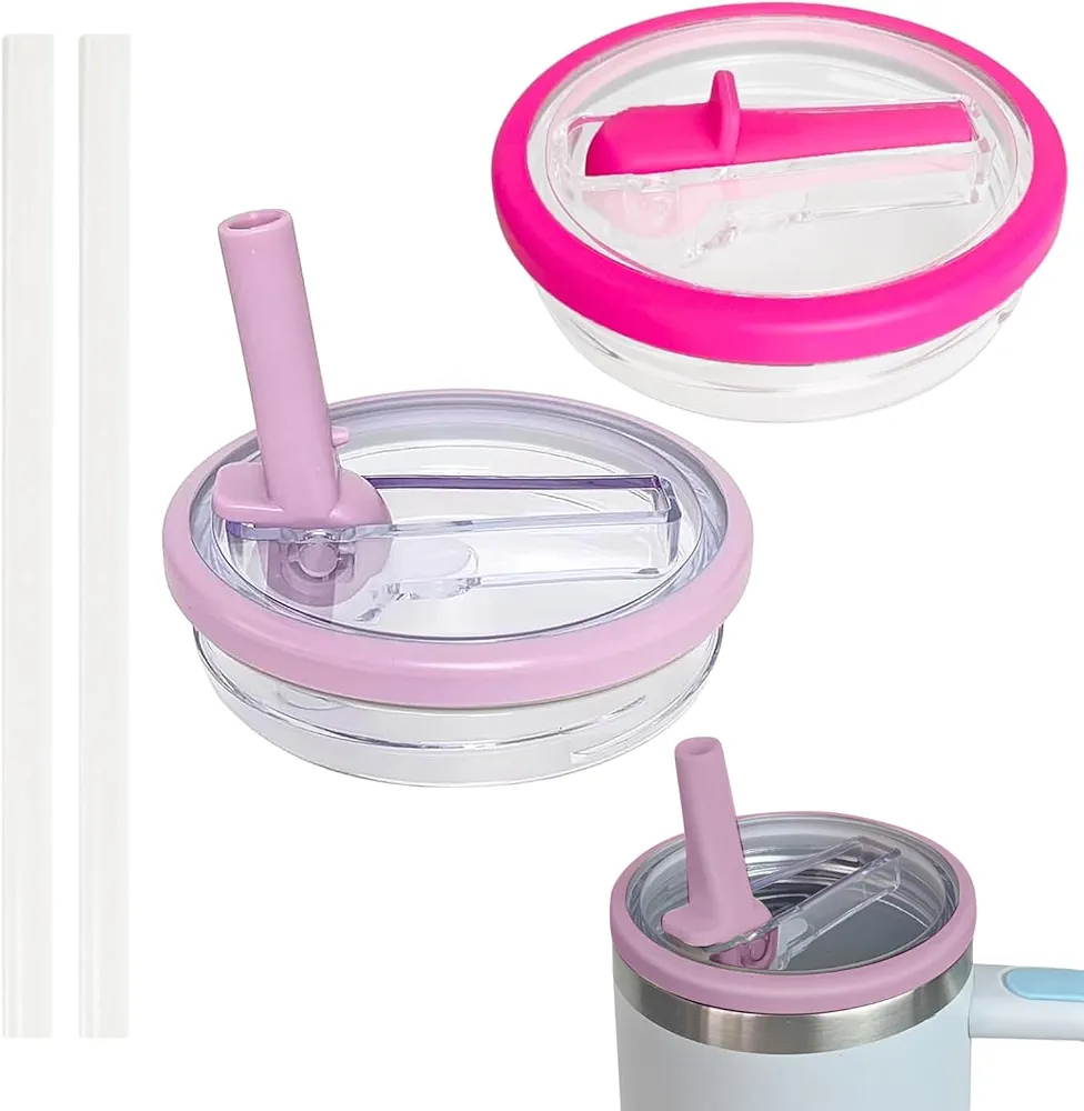 2 Pack 40 oz Tumbler Flip Straw Lid Replacement fit for Stanley Quencher, Leak-Proof Splash Resistant Tumbler Lids,Dustproof Top Replacement Reusable Tumbler Cover(Purple and Pink)