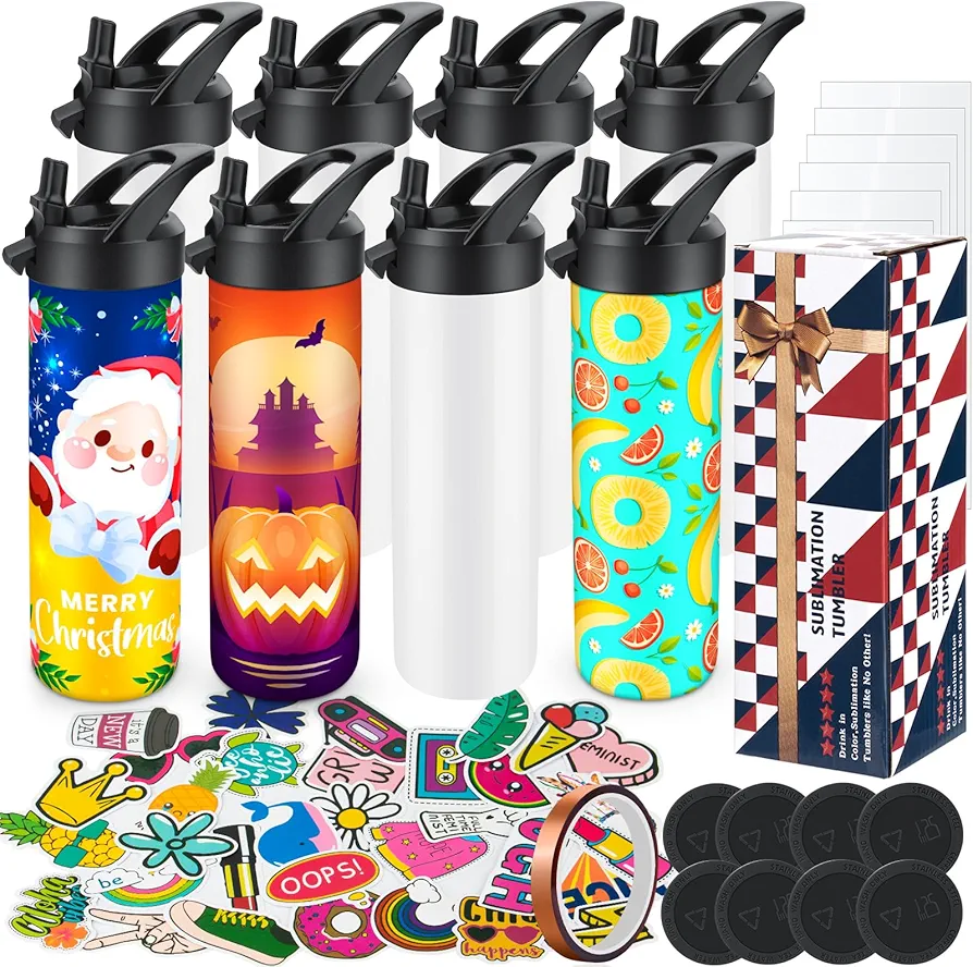8 Pack 20oz Sublimation Tumbler Set Triple-Insulated Stainless Steel Sports Water Bottle with Straw Lid Blank Sublimation Cup with DIY Stickers, Shrink Wrap, Rubber Base, Heat Tape for Heat Transfer