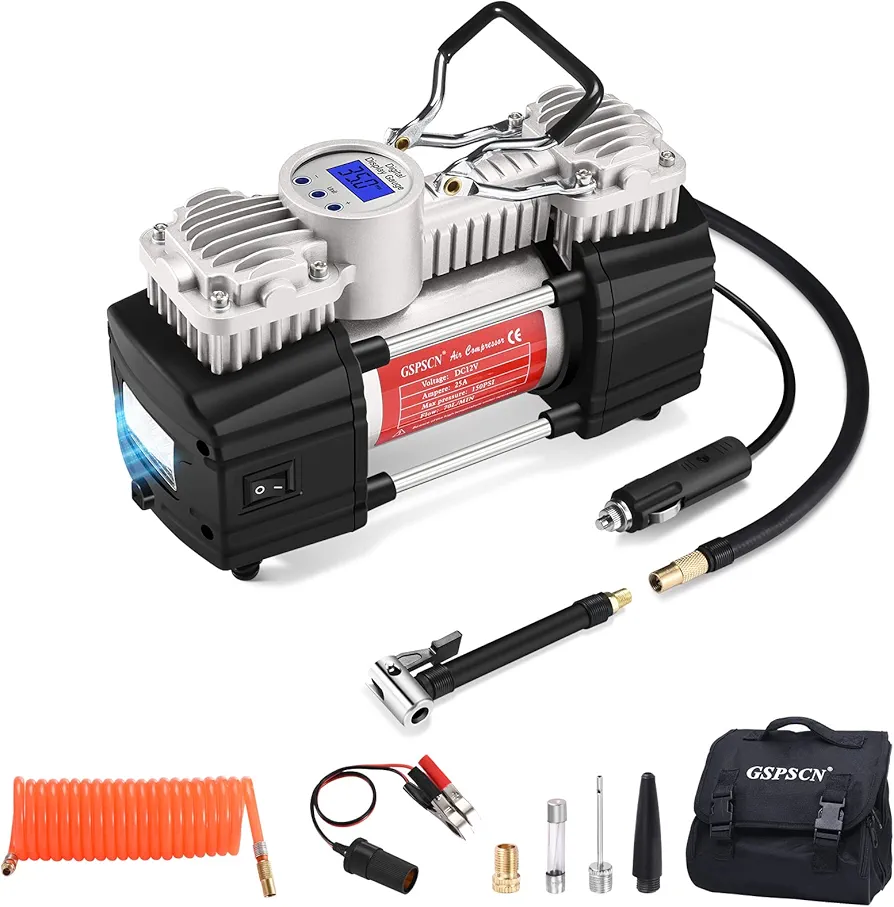 GSPSCN Portable 12V Air Compressor Pump Digital Display Tire Inflator with LED Flashlight, Heavy Duty Dual Cylinder Tire Pump 150 PSI with Locking Air Chuck for Auto,SUV,Off-Road,Truck,RV,Bike etc