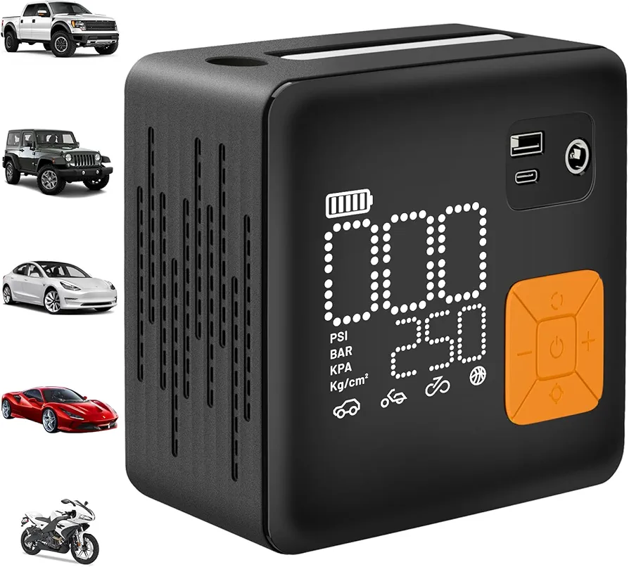Tire Inflator Portable Air Compressor, 12000mAh and Max 150PSI Air Pump for Truck Tires Dual Barrel Corded and Cordless Compatible for Car, Motorcycle, Bike, Ball