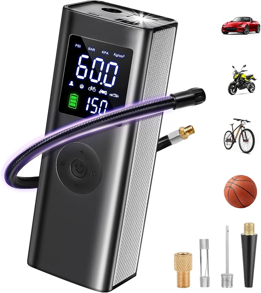 Air Compressor, Portable Tire Inflator, Cordless Tire Pump,1 Min Fast Inflator with LED Light, Auto Off, 6000mAh Battery &12V Tire Compressor for Car,Truck,Motorcycle,Ball