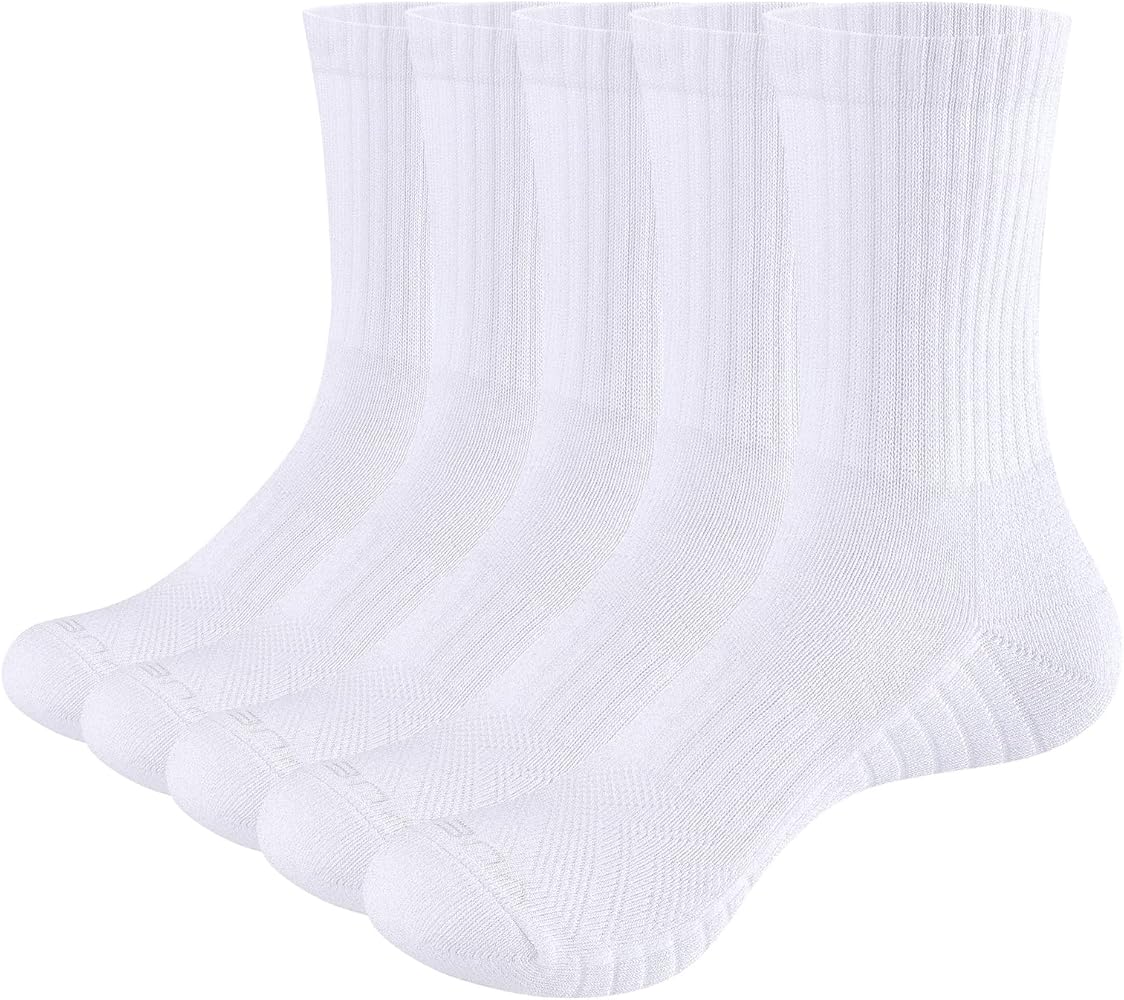 YUEDGE Womens Cushioned Crew Socks Moisture Wicking Gym Tennis Training Athletic Socks Casual Cotton Socks for Women, 5 Pairs
