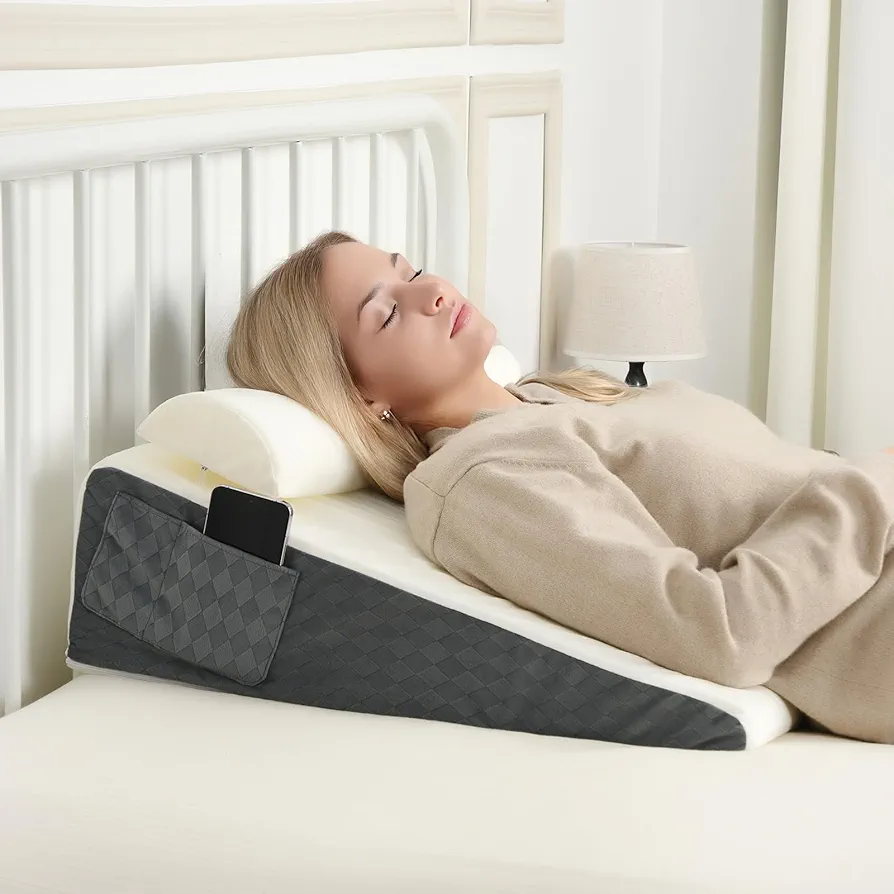 Bed Wedge Pillow for Sleep Apnea, 24''x24''x7.5'' Triangle Wedge Pillow with Neck Pillow for Sleeping, Acid Reflux, Back Pain Relief, Post Surgery, GERD, Bed Wedge Pillow for Sleep Apnea