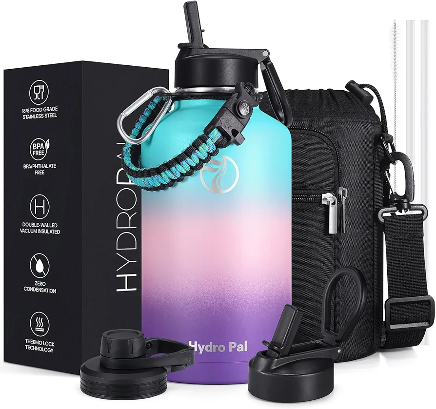 Half Gallon Water Bottle with 2 Lids(Chug Lid and Straw Lid)，64oz Insulated Water Bottle with Straw, Wide Mouth Double-wall Vacuum Thermo with Paracord/Protective Carrier Boot