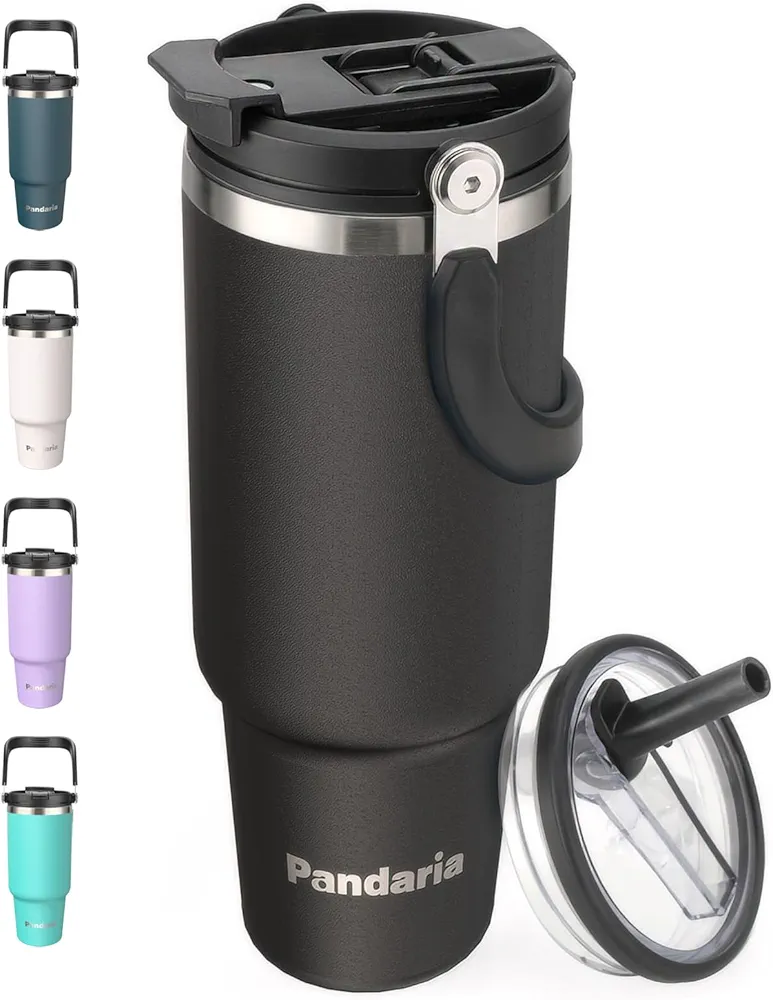 40 oz Tumbler with Handle Leakproof Water Bottles with 2in1 Lid Flip Straw, Stainless Steel Insulated Coffee Travel Mug Keeps Cold for 30 Hours, Double Wall Vacuum Tumbler Fits Car Cup Holder