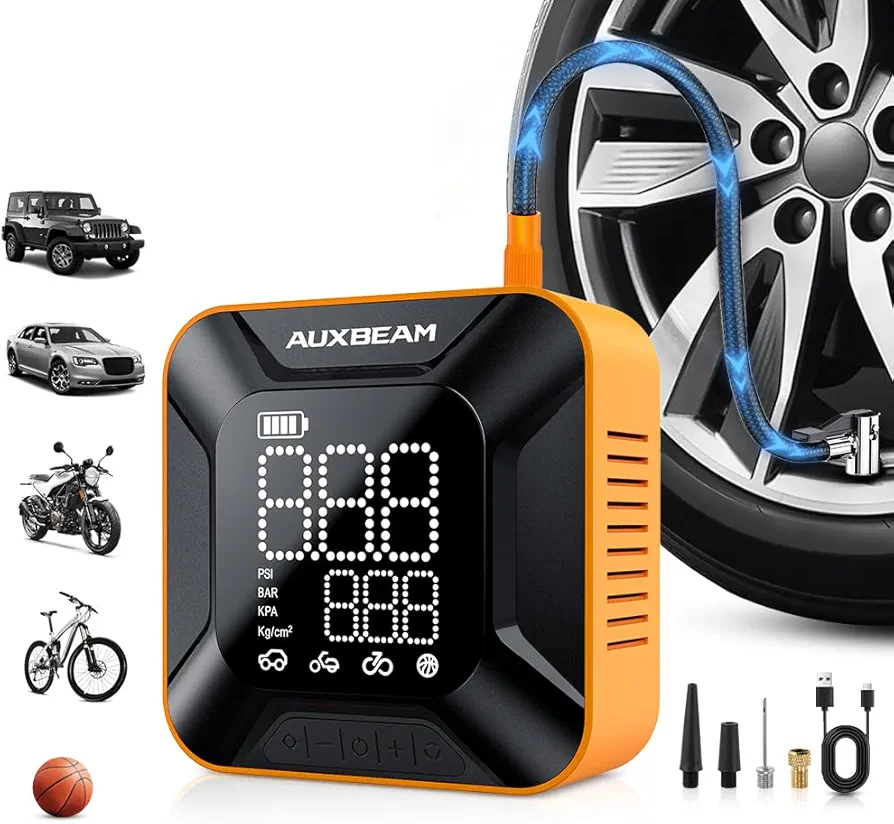 Auxbeam Tire Inflator Portable Air Compressor, 2024 Tire Air Pump with Amazing 28MM Big Cylinder Upgraded, Max 150PSI Cordless Tire Inflator for Pickup SUV MPV Car Motorcycle Bike（Ultra-HD Screen）