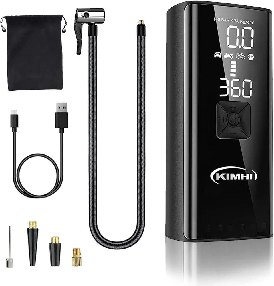 KIMHI Tire Inflator Portable Air Compressor,150PSI Portable Tire Inflator with10000mAh Battery,2X Faster Inflation Electric Air Pump with Digital Pressure,Emergency Lights,Fits Car,Motorcycle and Ball