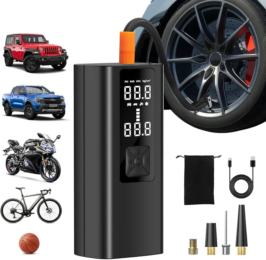 Portable Air Compressor Tire Inflator, Cordless Air Pump with LED Light, 150PSI Rechargeable Car Pump with Digital Pressure Gauge for Cars, Motorcycle & Bike Tires, Balls