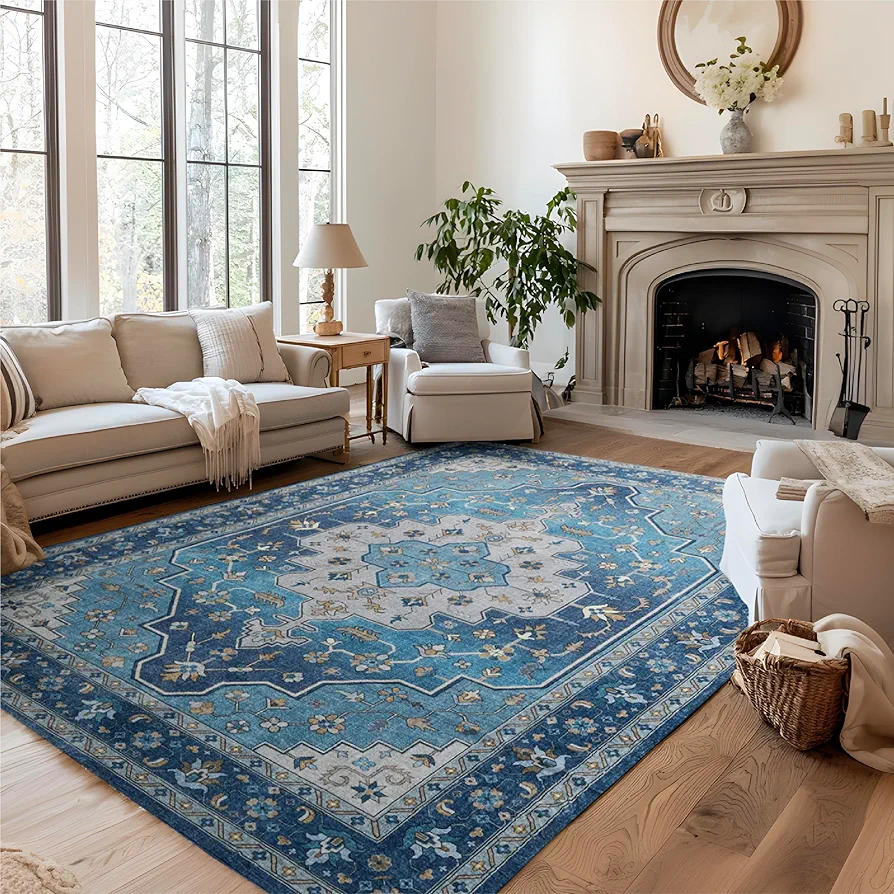 Bedsure 5x7 Area Rugs for Living Room, Machine Washable Rugs, Vintage Rug, Non-Slip Backing, Non-Shedding, Low Pile Easy Care Throw Rugs for Bedroom Dining Room, Blue