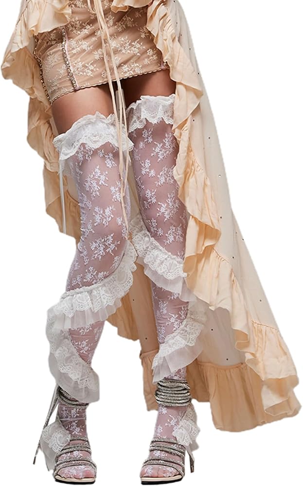 Women Lace Thigh High Socks Cute Sheer Ruffle Hollow Out Pantyhose Knee High Stocking Sexy Summer Favors Accesories