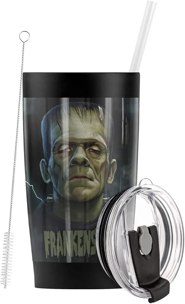 Logovision Universal Monsters Frankenstein Head Stainless Steel Tumbler with Straw and Flip Lid 20 oz Travel Mug/Cup, Vacuum Insulated & Double Wall with Leakproof Dual Lid