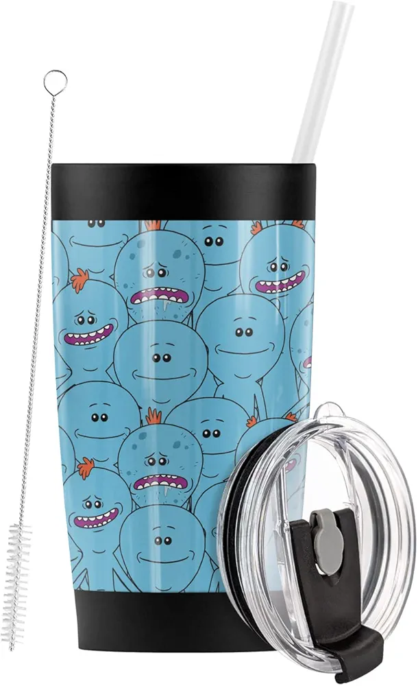 Logovision Rick and Morty Meeseeks Crowd Stainless Steel Tumbler with Straw and Flip Lid 20 oz Travel Mug/Cup, Vacuum Insulated & Double Wall with Leakproof Dual Lid