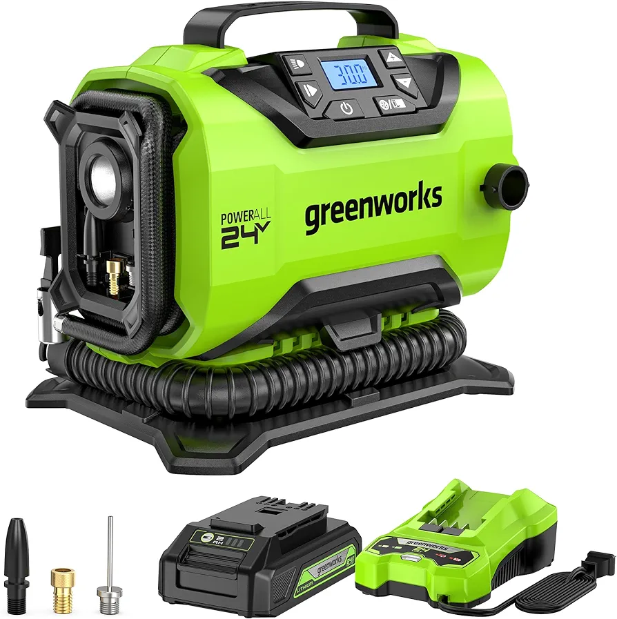 Greenworks 24V Cordless Tire Inflator, 160 PSI Portable Air Compressor, 2 Power Sources, Auto Shut Off, for Car, Bicycle, Motorcycle, Inflatables With 2.0 Ah USB (Power Bank) Battery & 2A Charger