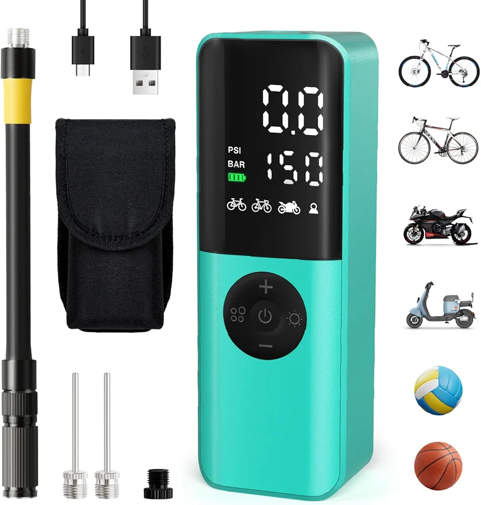 Bike Electric Air Pump: 150Psi Portable Bicycle Tire Pump with Digital Pressure Gauge for Road Bike, Mountain Bike, E-Bike, Motorcycle with Presta, Schrader, Dunlop Valve Accessories