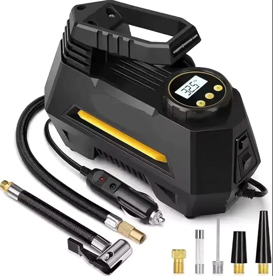 Tire Inflator Portable Air Compressor Pump with Gauge, 12V DC Digital Car Air Pump 100PSI with LED Light, Larger Air Flow, Extra Nozzle Adaptors for Car, Bicycle, Motorcycle, Ball