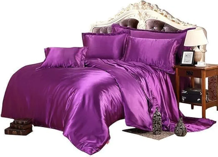 All-Season Ultra Soft 500 GSM Twin Size Silky Satin 7Pcs Comforter Set (Comforter + Fitted 15"+ Flat + 4 Pillow Case) Plum