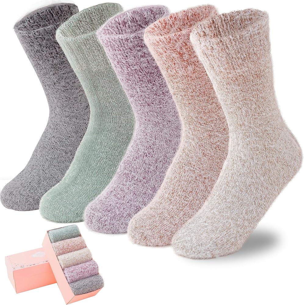 SISOSOCK 5 Pairs Fuzzy Cozy Warm Socks for Women Winter Wool Thick Casual Home Sleeping Soft Comfy Socks Gifts for Women