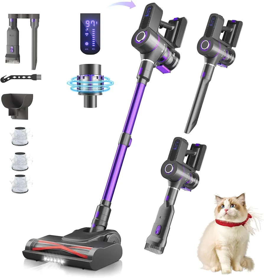 TOTTE Cordless Vacuum Cleaner, 550W 45KPA 60 Mins, 2500mAh Detachable Battery, Stick Vacuum Cleaners LED Touch Screen, Wall Mount Charging, Wireless Vacuum for Home Pet Hair Carpet Hardwood Floor