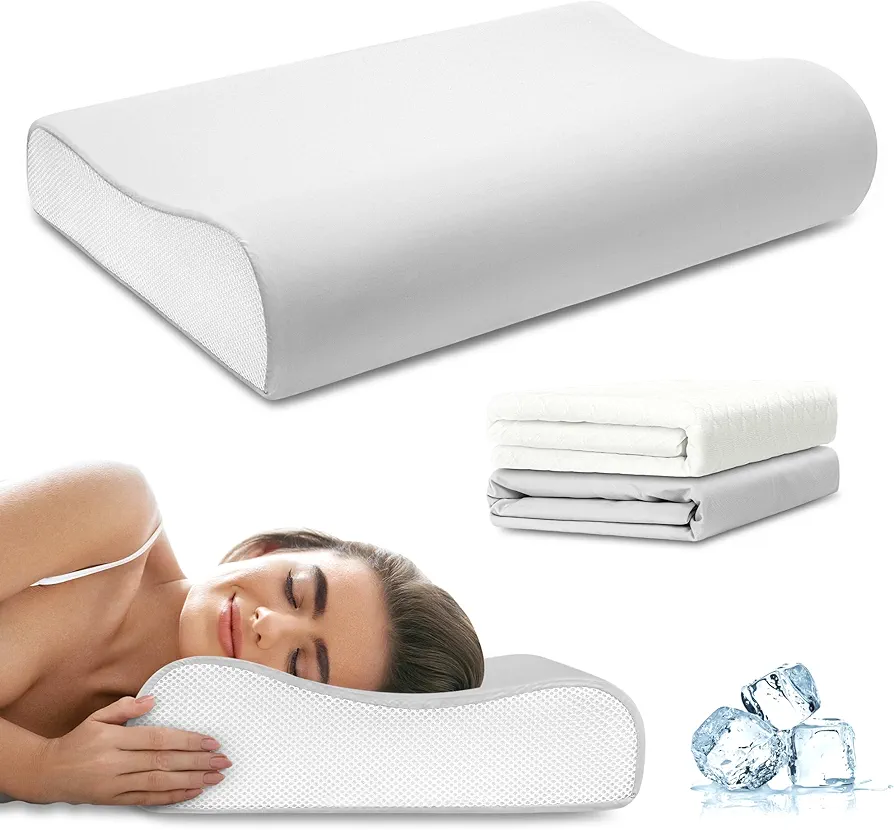 Contour Memory Foam Pillows for Sleeping, Cervical Pillow Standard Size for Neck Pain Relief, Bed Pillow with Two Pillowcase Neck Support for Side Back Stomach Sleepers Standard White&Grey