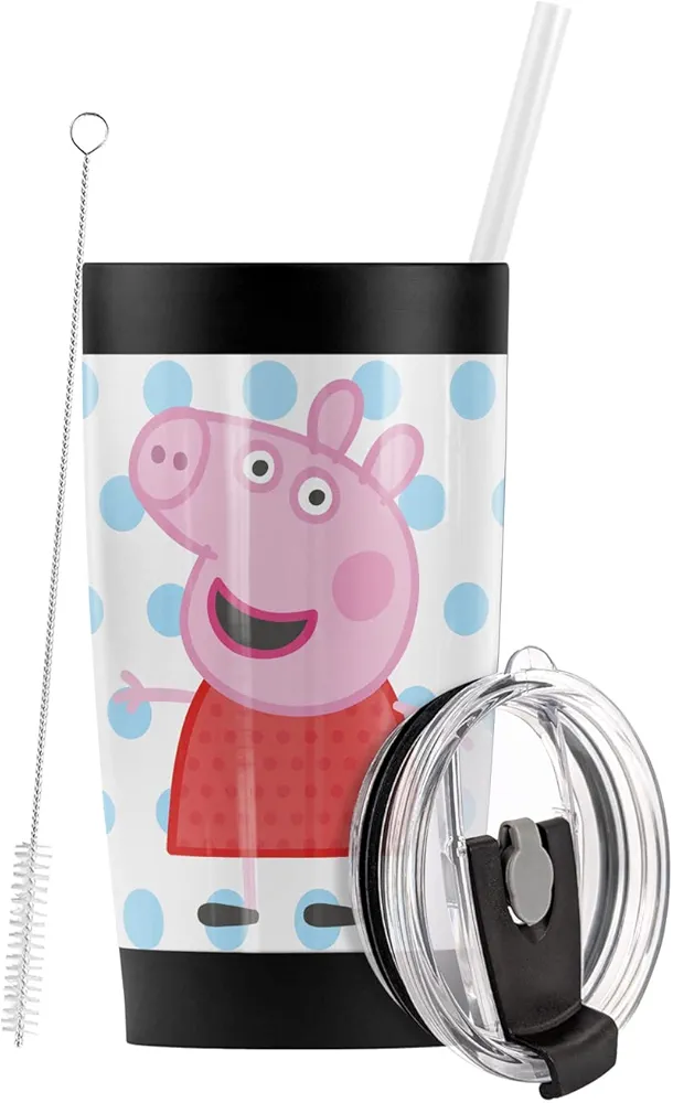 Peppa Pig OFFICIAL Peppa And Logo Stainless Steel Tumbler with Straw and Flip Lid 20 oz Travel Mug/Cup, Vacuum Insulated & Double Wall with Leakproof Dual Lid