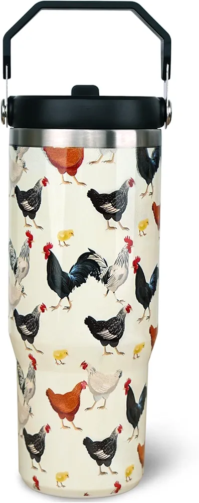 30oz Chicken Tumbler with Handle and Straw, Stainless Steel Vacuum Insulated Flip Straw 30 oz Coffee Rooster Tumbler, Spill Proof Travel Mug, Chicken Decor Gifts for Women