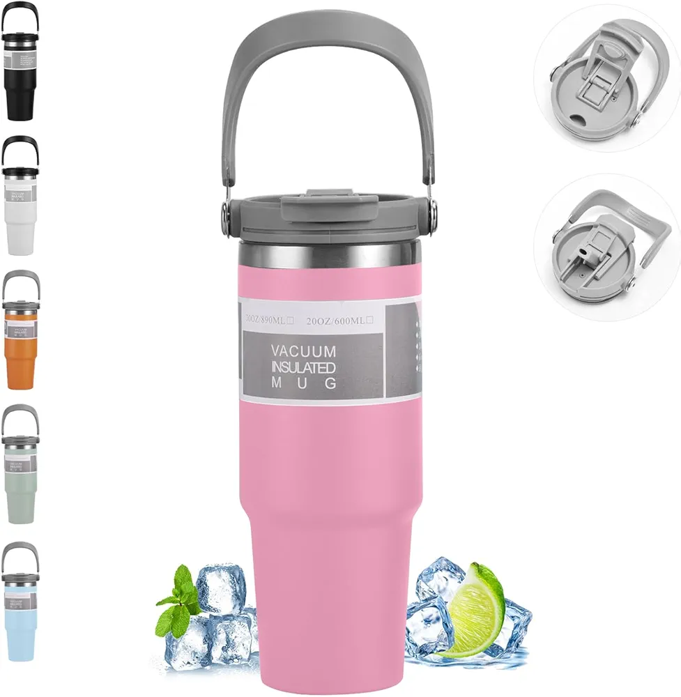 30 OZ Tumbler With Flip Straw, Leak Proof Stainless Steel Handle Tumbler Insulated Cup Water Bottle for Home, Outdoors, School,Pink