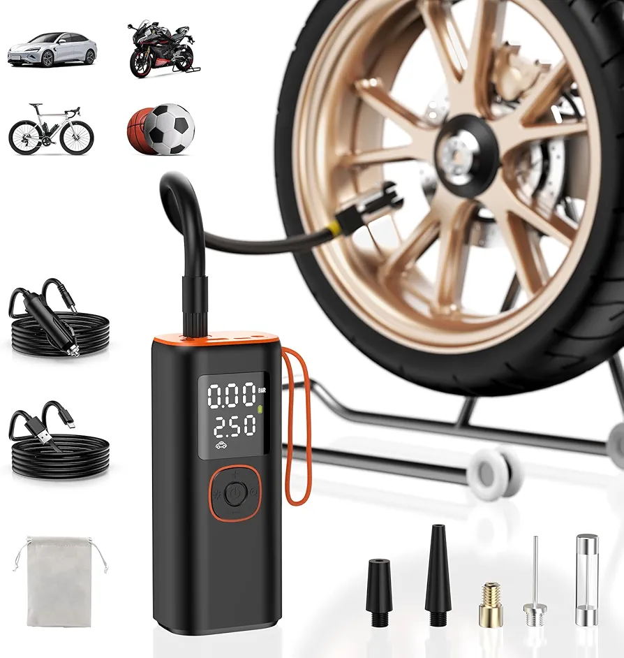 Tire Inflator,Fast Tire Inflator Portable Air Compressor,Pressure Gauge Can Charge Mobile Phone Air Compressor for Car with Tire Pressure Gauge/Emergency Light for Motorcycle,Bike, Car, Ball.,