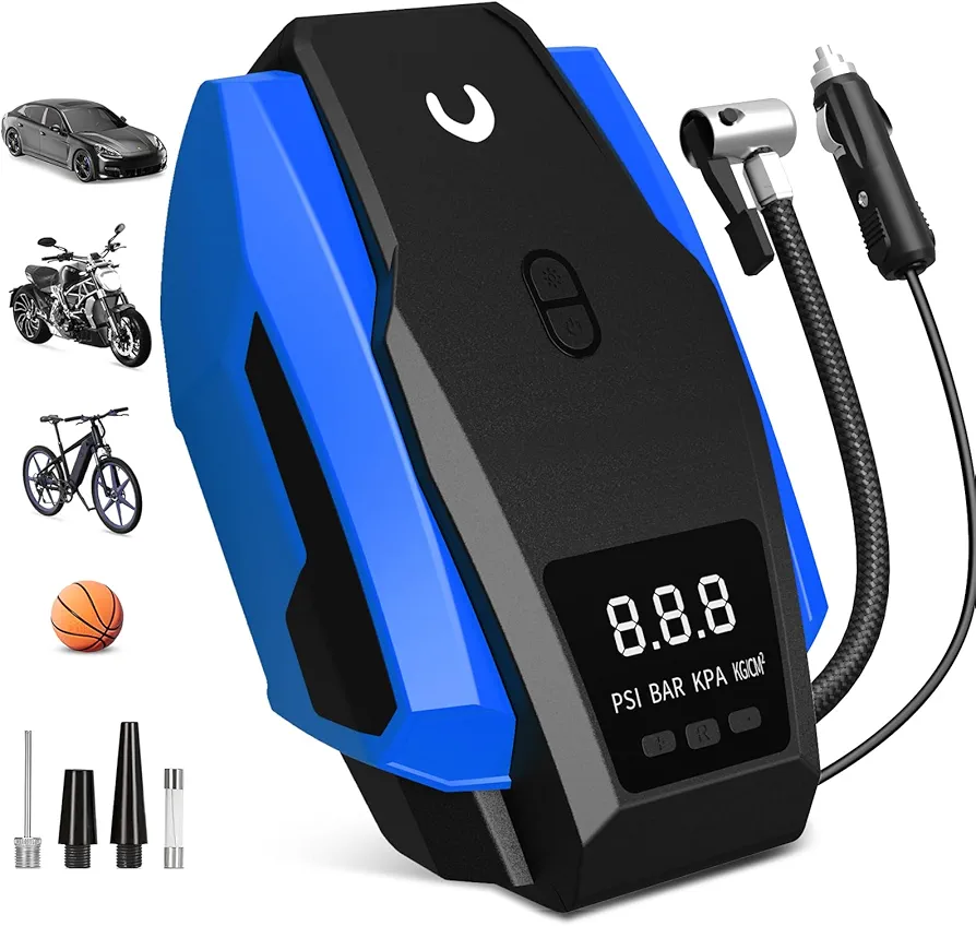 Tire Inflator Portable Air Compressor, Tire Air Pump for Car Tires, 12V DC 150PSI Auto Bike Pump with Digital Pressure Gauge&LED Light, Blue, Large