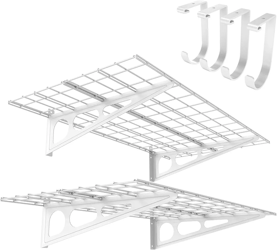FLEXIMOUNTS 2-Pack 2x4ft Garage Shelving with Hooks, 24-inch-by-48-inch Wall Shelf Garage Storage Racks Floating Shelves, White