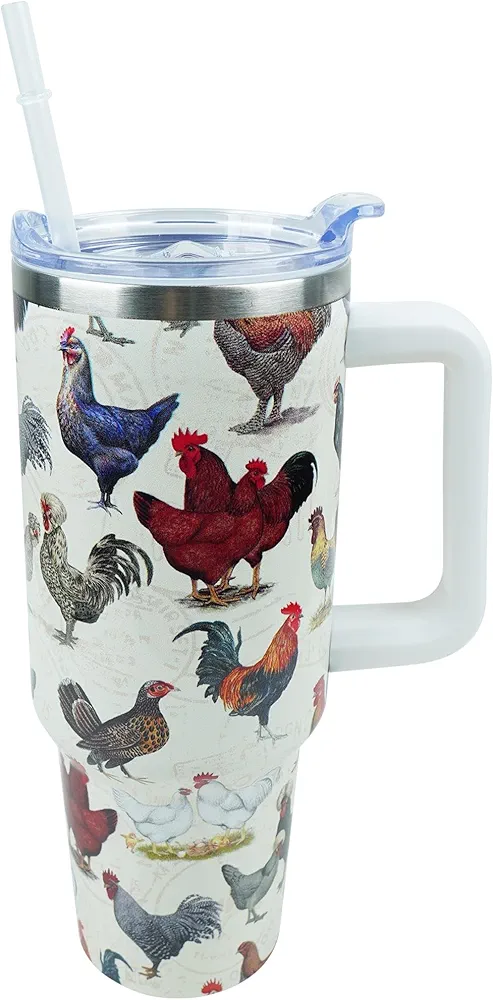 40 oz Tumbler with Handle and Straw Lid Leak Proof, Chicken and Rooster Design Coffee Travel Mug with Handle Insulated for Hot and Cold Drink Ice, Mother's Day Birthday Gifts for Women Mom
