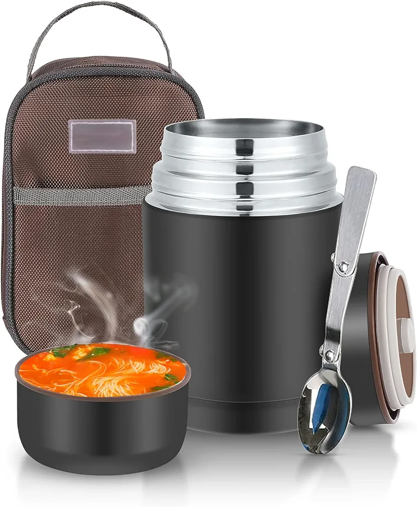 lazycozy® Thermos Food Containers for Hot Food, 27 oz, Soup Thermos with Foldable Spoon, Stainless Steel Vacuum Insulated Food Jar, Leak-Proof, with Carry Bag, Keep Hot/Cold for 12 Hours