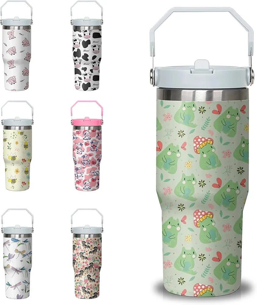 30 oz Frog Tumbler with Handle and Flip Straw, Stainless Steel Insulated Cup with Lid and Straw,Travel Coffee Mug Water Bottle,Christmas Birthday Mothers Day Gifts for Women Animal Lovers