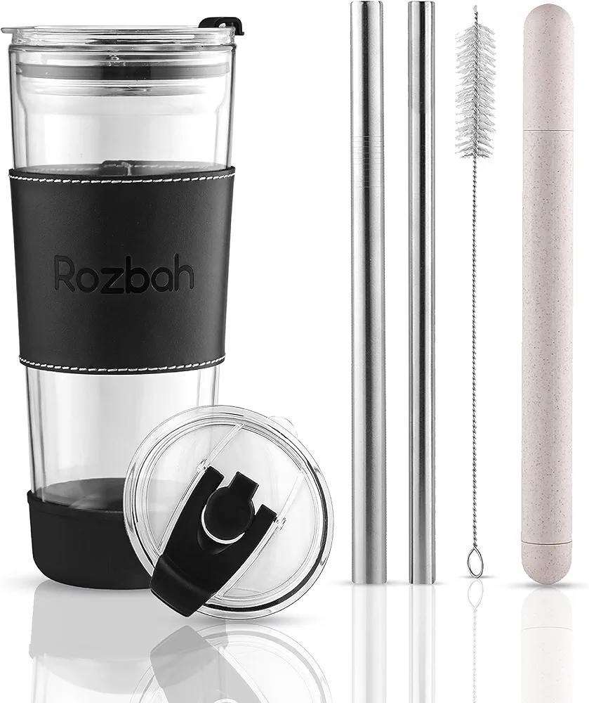 20 oz Premium Insulated Double Wall Glass Tumbler - Spill Proof - Stainless Steel Straws - Mutli-purpose Lid - Reusable Travel Mug for Boba Tea, Coffee, Juice, Smoothies and Shakes