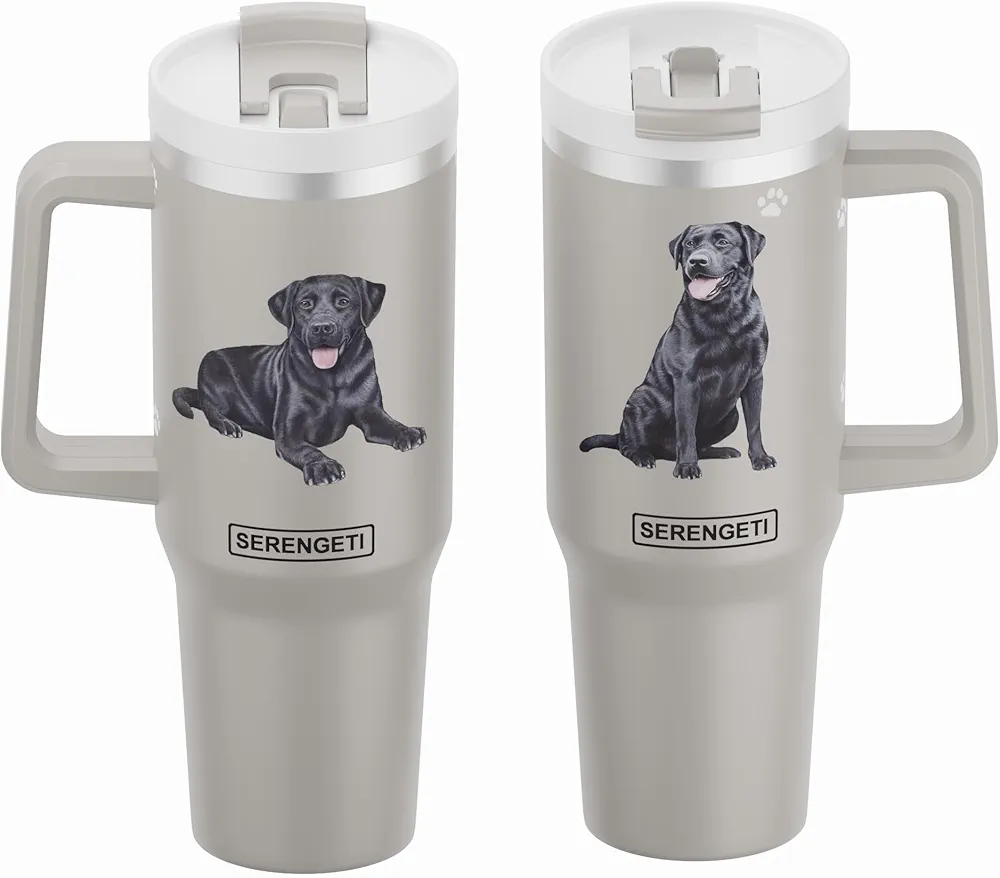 SERENGETI 40 Oz Ultimate Tumbler with Handle and Straw - Vacuum Insulated Tumbler with Straw and Lid - Stainless Steel Travel Mug for Pet Lovers - 3D Designs of your favorite Dog (Black Labrador)