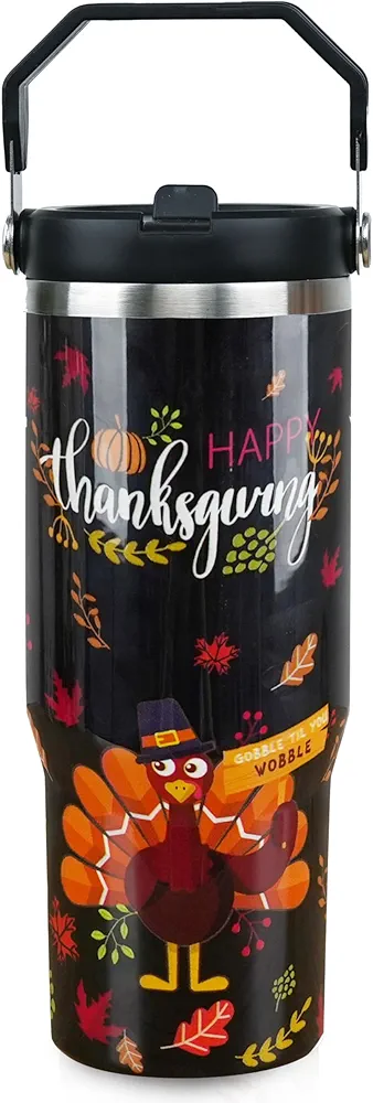 30oz Fall Tumbler with Handle and Flip Straw, Fall Gifts for Women, Reusable Stainless Steel Thanksgiving Tumbler, Insulated Leak Proof Travel Coffee Mug, Thanksgiving Gifts