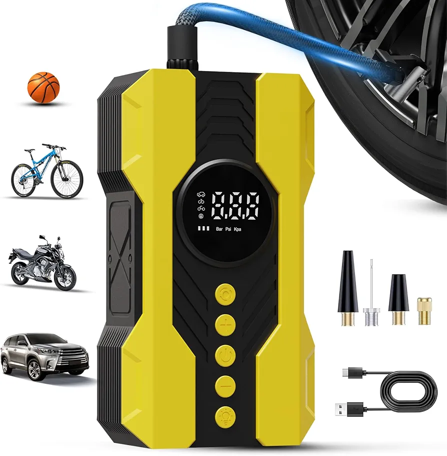 Tire Inflator Portable Air Compressor, 200PSI & 4X Faster Portable Tire Inflator for Car, Accurate Tire Pressure Gauge,Air Pump for Car Tires, Electric Bike, Soccer Ball, Exercise Ball(Yellow)