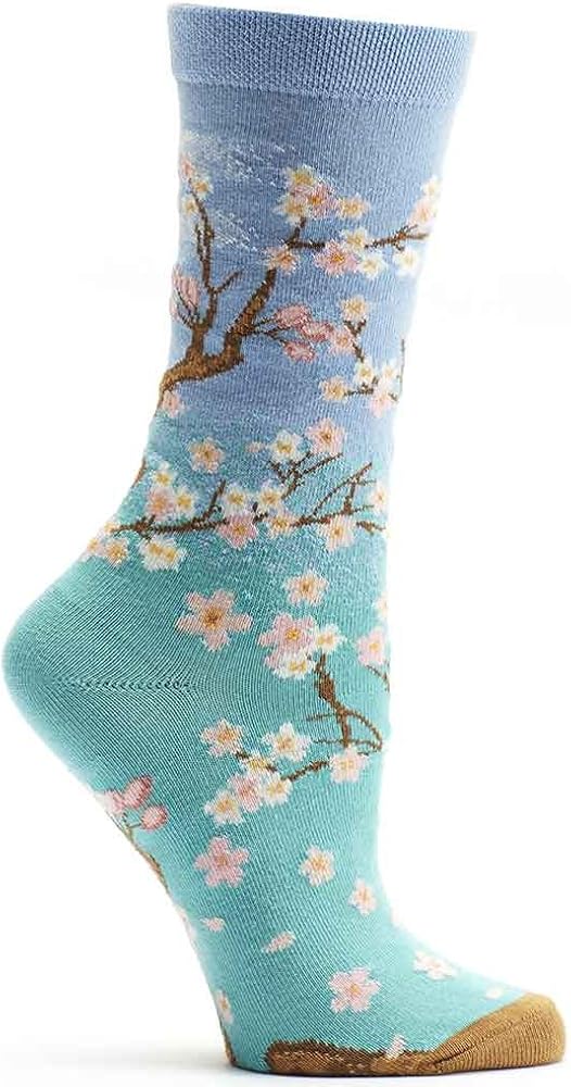 Ozone Women's Cherry Blossom Sock: Spring Crew Socks Casual Hosiery, Breathable Cotton-Blend Socks, Women's Sock Size 9-11 (Turquoise)