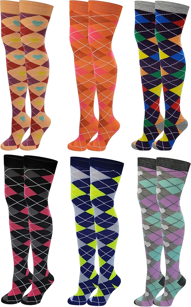 SUMONA 6 Pairs Pack Women Multi Neon Color Fancy Design Thigh High Over the Knee Socks Stockings