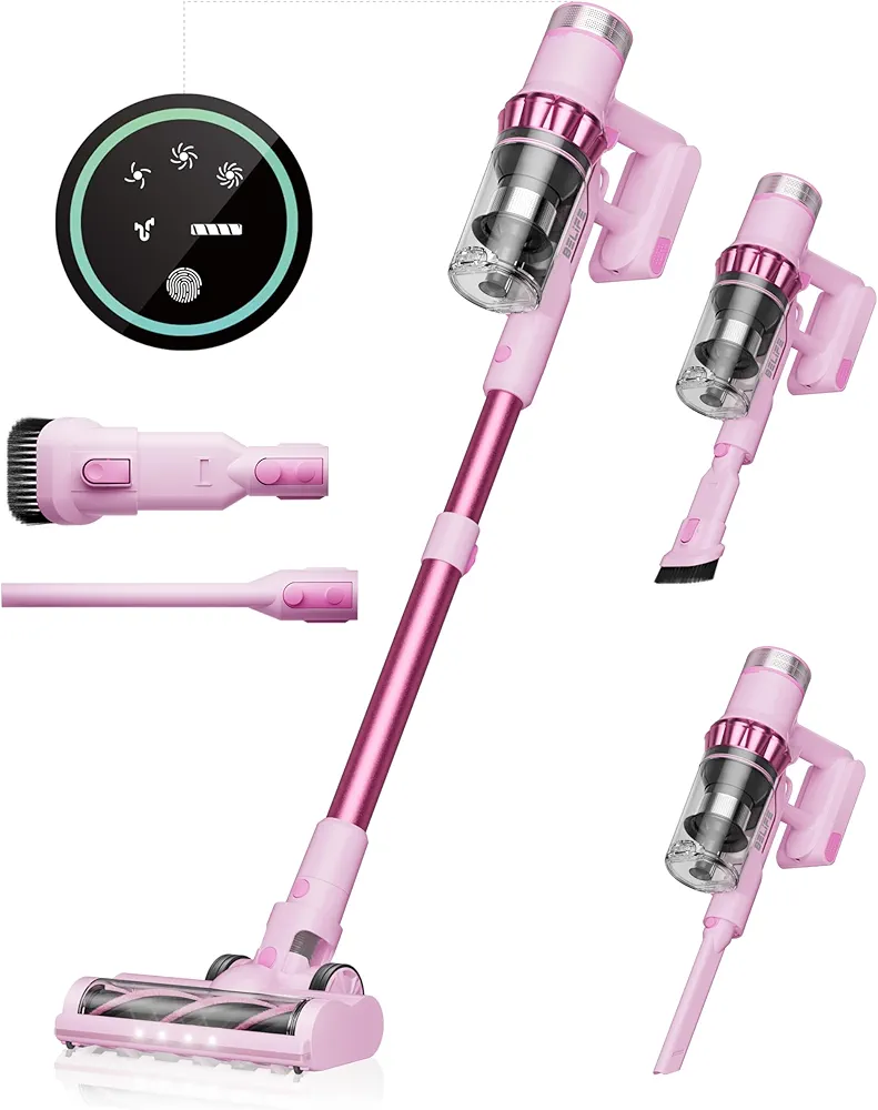 Belife Cordless Vacuum Cleaner, 38Kpa 450W Stick Vacuum Cleaners for Home Carpet Hardwood Floor, Wireless Household Vaccum for Pet Hair with Led Touch Display, Up to 45mins Runtime (Pink)