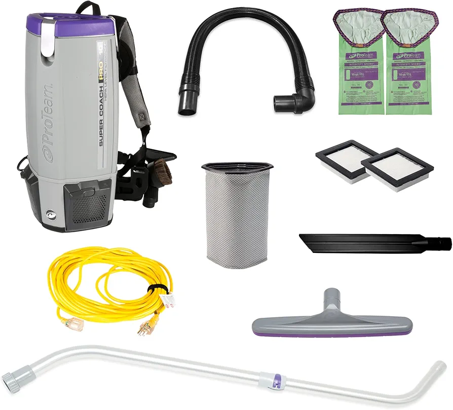 ProTeam Super Coach Pro 10 Backpack Vacuum Commercial with Telescoping Wand Tool Kit, 10 Quart, Corded, 107303