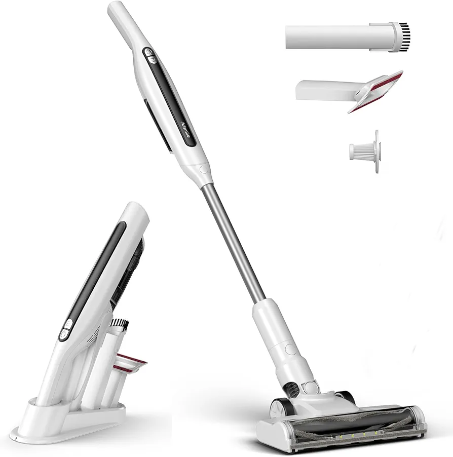 Cordless Vacuum Cleaner, 18Kpa Stick Vacuum for Home with LED Screen,6000mAh Handheld Vacuum, Brushless Motor,Rechargeable, Anti-Tangle Handheld Vac for Cleaning Pet Hair, Carpet, Floor（White）